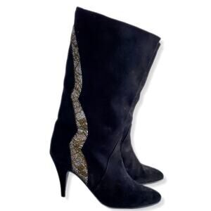 VTG 80s Polly Bergen Black Glitter Suede Boot 8 Heels Italy Glam Slouch Cocktail